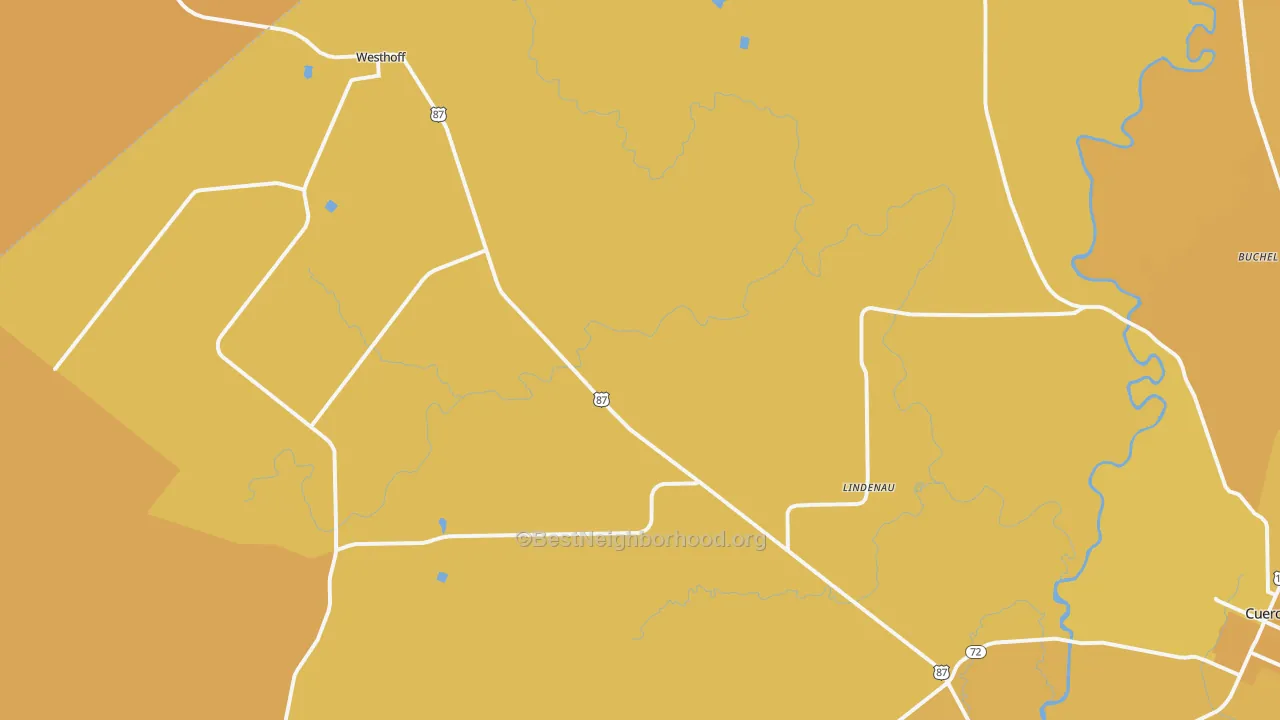Map of the best neighborhoods in the Westhoff area, with better matches in green and worse matches in red
