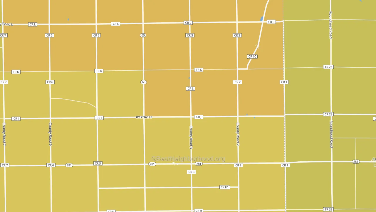 Map of the best neighborhoods in the Westhope area, with better matches in green and worse matches in red