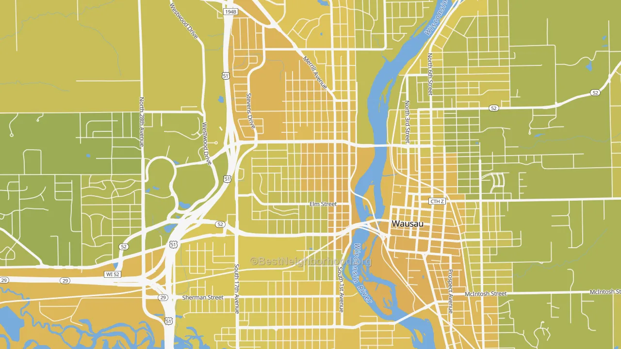 Map of the best neighborhoods in the Westies, Wausau area, with better matches in green and worse matches in red