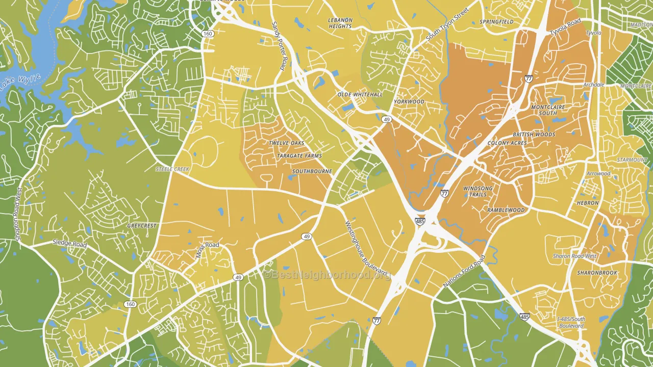 Map of the best neighborhoods in the Westinghouse, Charlotte area, with better matches in green and worse matches in red