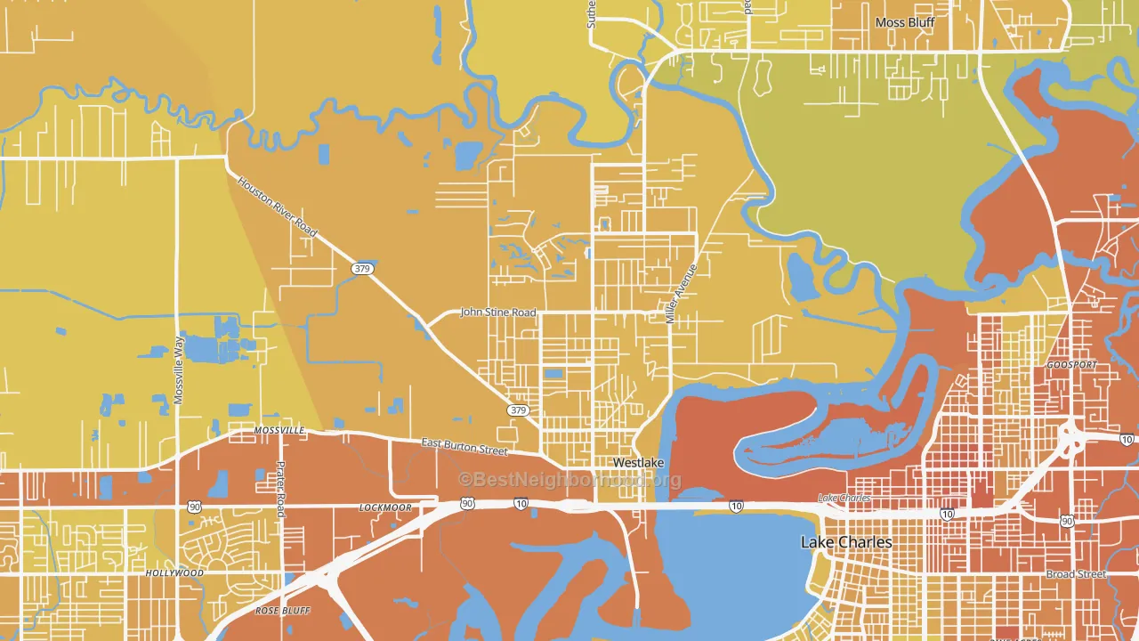 Map of the best neighborhoods in the Westlake area, with better matches in green and worse matches in red