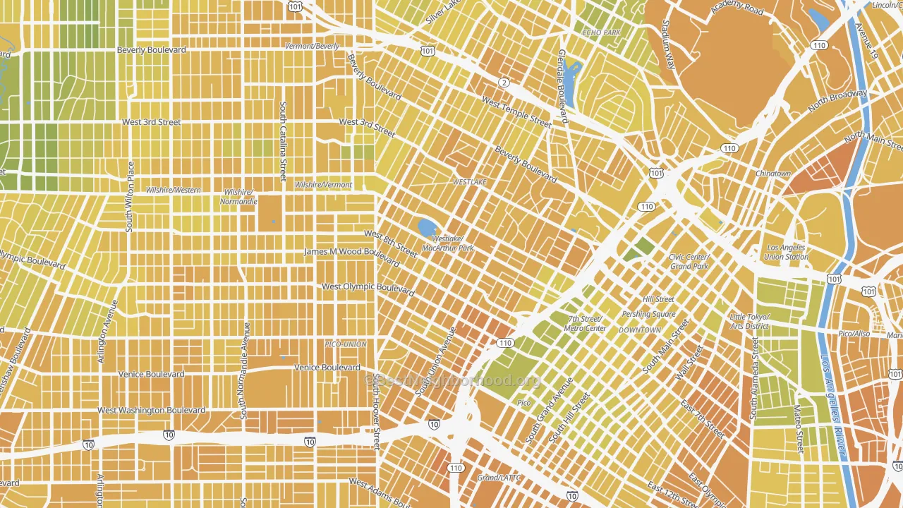 Map of the best neighborhoods in the Westlake, Los Angeles area, with better matches in green and worse matches in red
