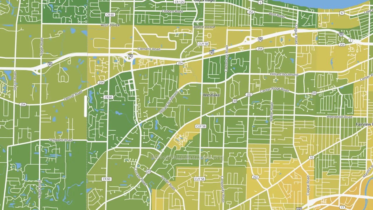 Map of the best neighborhoods in the Westlake area, with better matches in green and worse matches in red