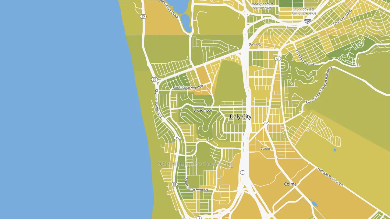 Map of the best neighborhoods in the Westlake-San Francisco, Daly City area, with better matches in green and worse matches in red