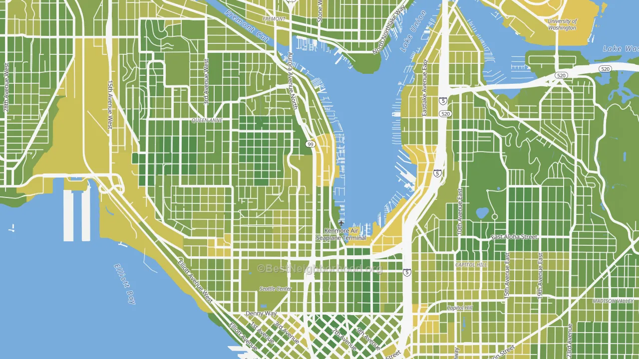 Map of the best neighborhoods in the Westlake, Seattle area, with better matches in green and worse matches in red