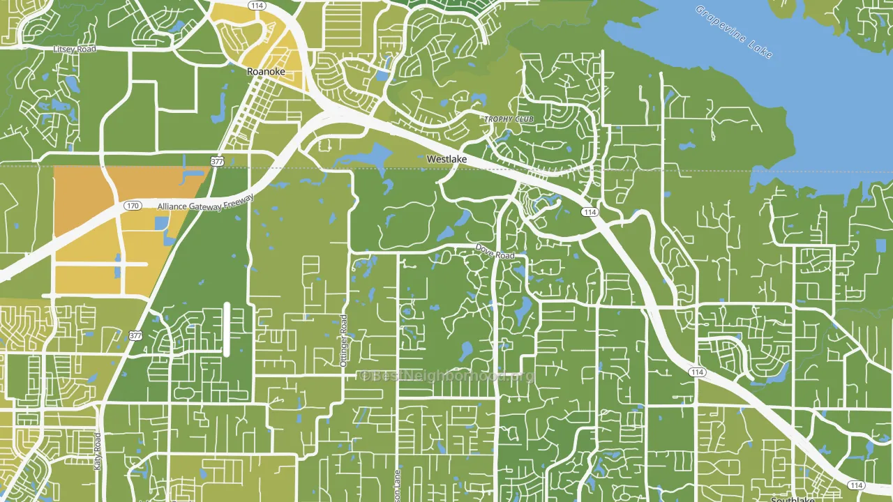 Map of the best neighborhoods in the Westlake area, with better matches in green and worse matches in red