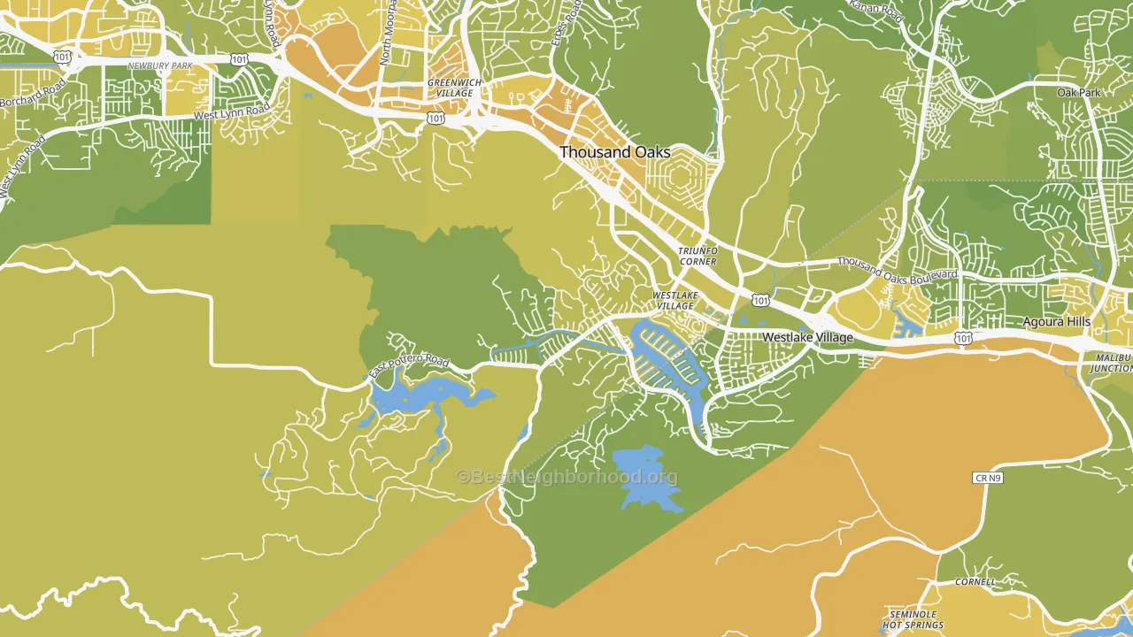Map of the best neighborhoods in the Westlake Village Area-Los Angeles, Westlake Village area, with better matches in green and worse matches in red