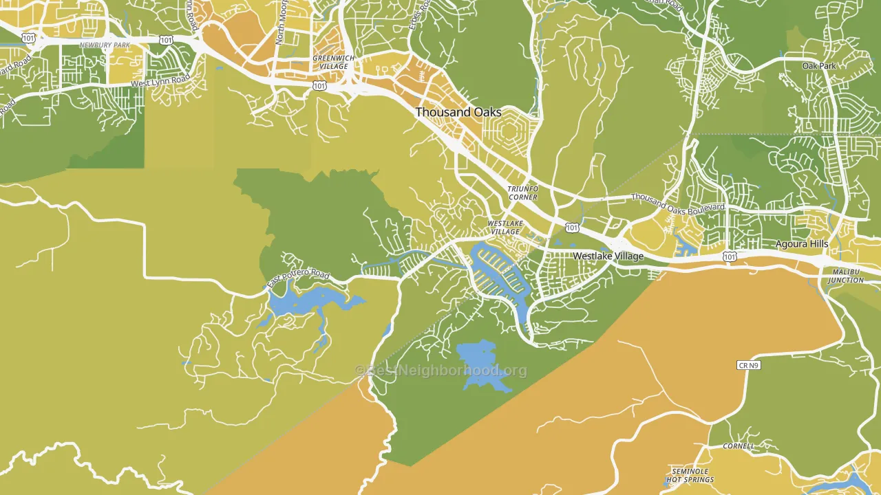 Map of the best neighborhoods in the Westlake Village area, with better matches in green and worse matches in red