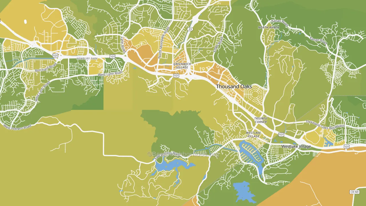 Map of the best neighborhoods in the Westlake Village, Westlake Village area, with better matches in green and worse matches in red