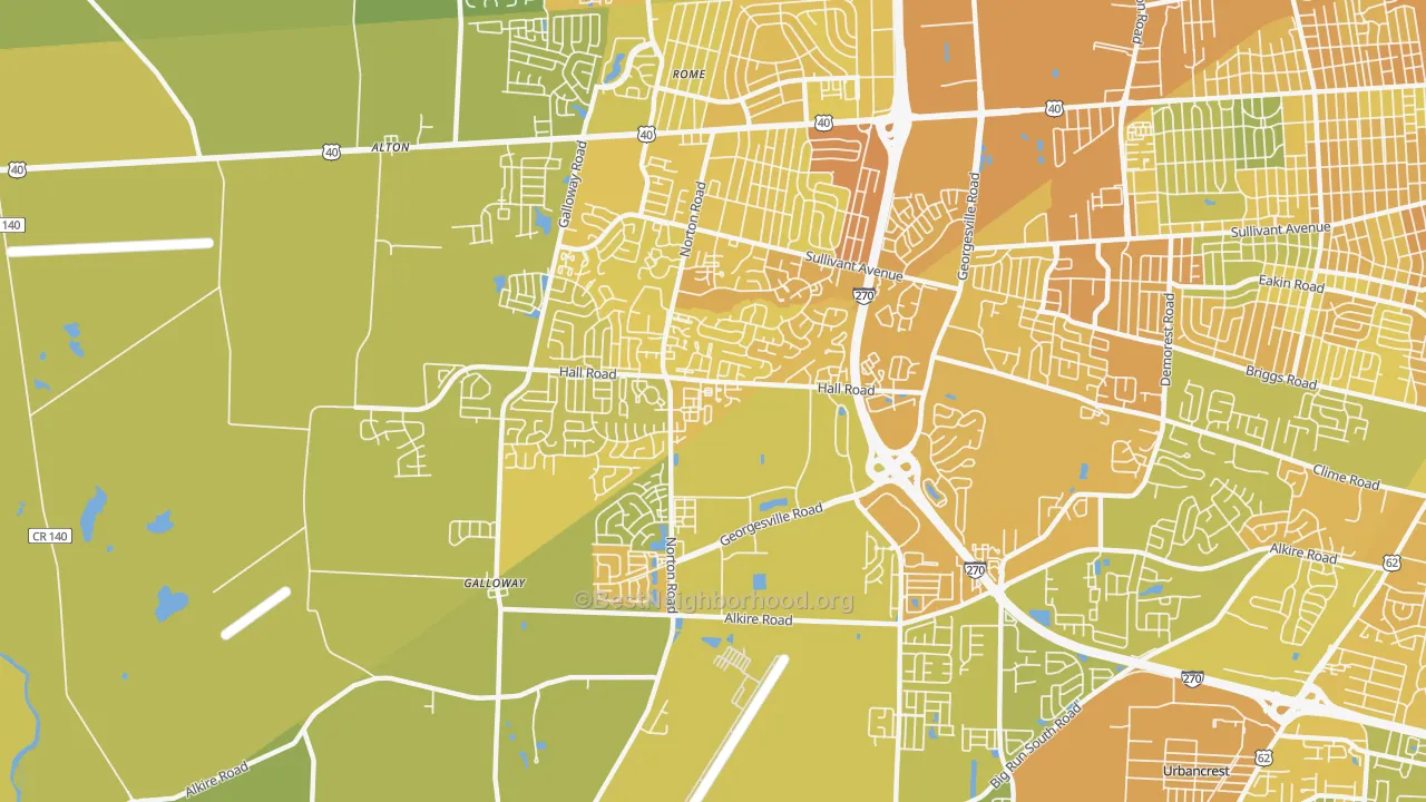 Map of the best neighborhoods in the Westland, Galloway area, with better matches in green and worse matches in red