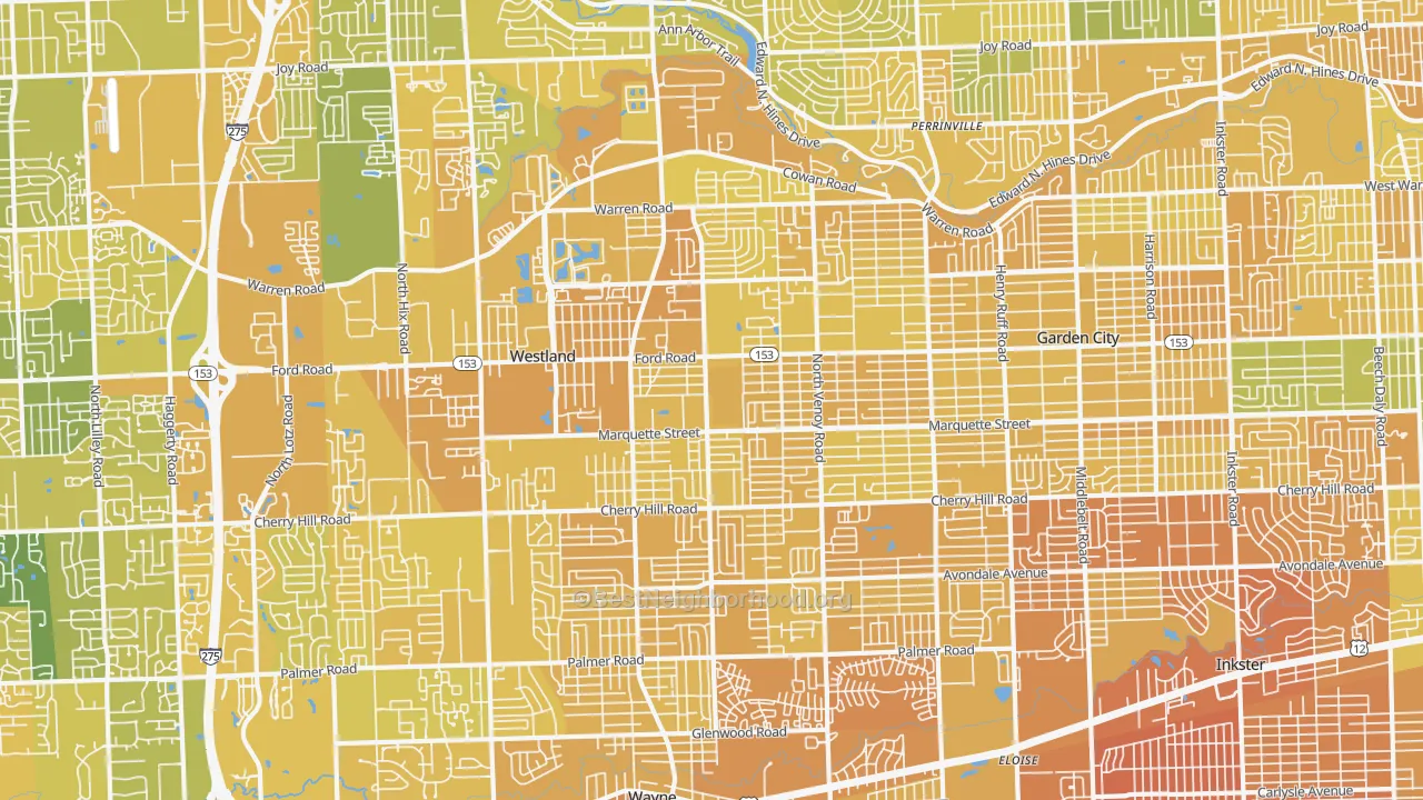 Map of the best neighborhoods in the Westland area, with better matches in green and worse matches in red