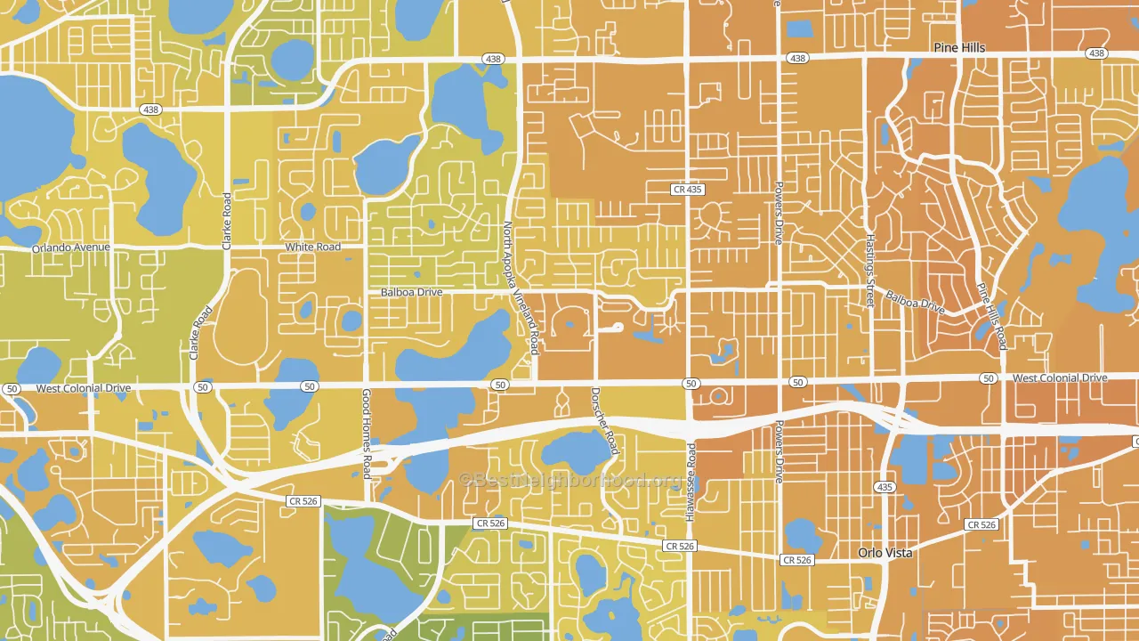 Map of the best neighborhoods in the Westland Terrace, Pine Hills area, with better matches in green and worse matches in red