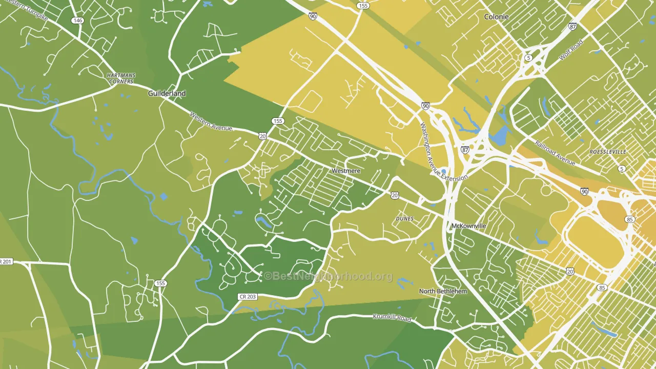 Map of the best neighborhoods in the Westmere area, with better matches in green and worse matches in red