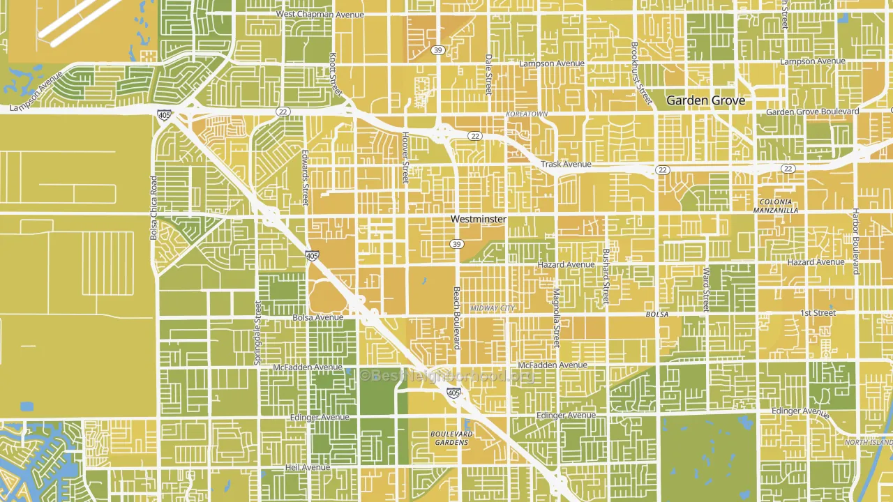 Map of the best neighborhoods in the Westminster area, with better matches in green and worse matches in red