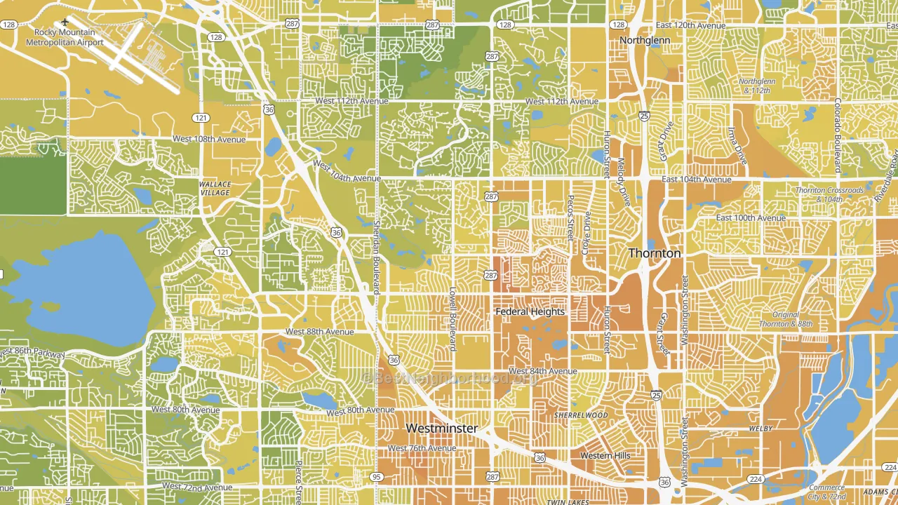 Map of the best neighborhoods in the Westminster area, with better matches in green and worse matches in red