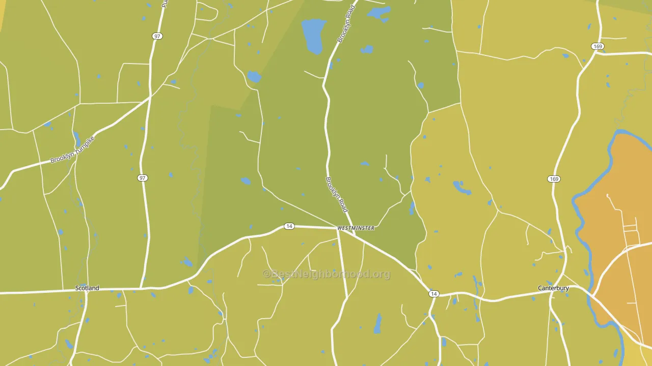 Map of the best neighborhoods in the Westminster area, with better matches in green and worse matches in red
