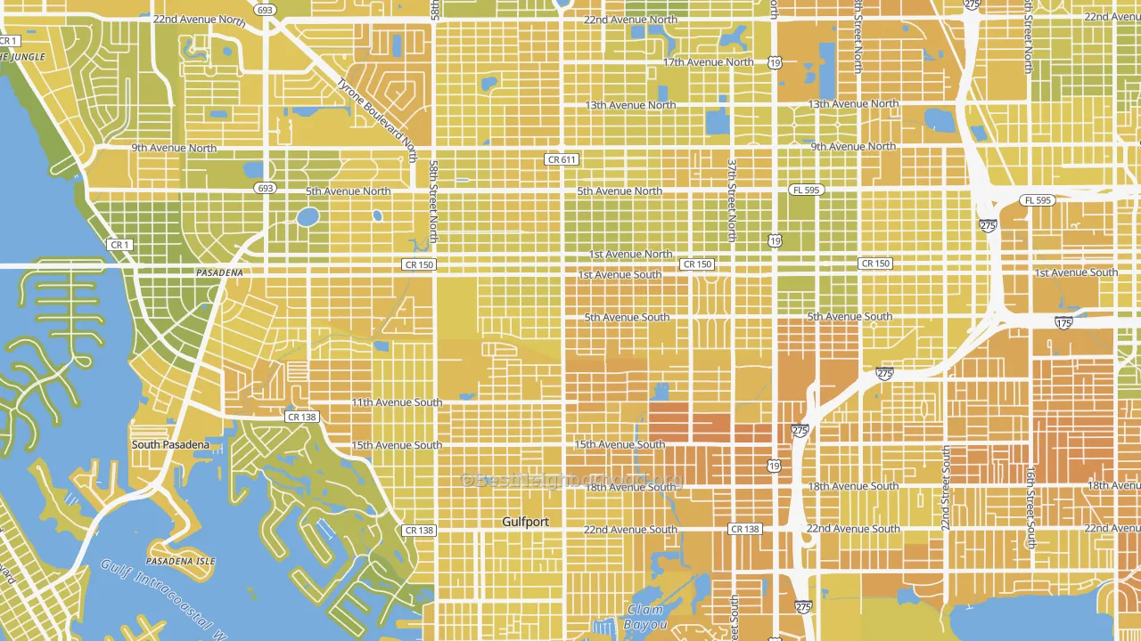 Map of the best neighborhoods in the Westminster Heights, St. Petersburg area, with better matches in green and worse matches in red