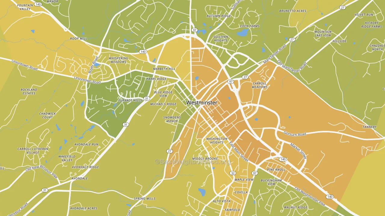 Map of the best neighborhoods in the Westminster Historic District, Westminster area, with better matches in green and worse matches in red
