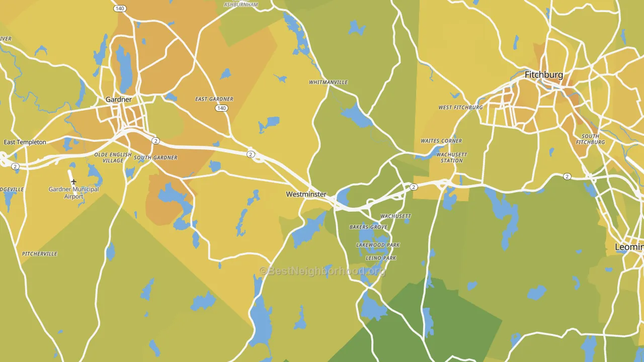 Map of the best neighborhoods in the Westminster area, with better matches in green and worse matches in red