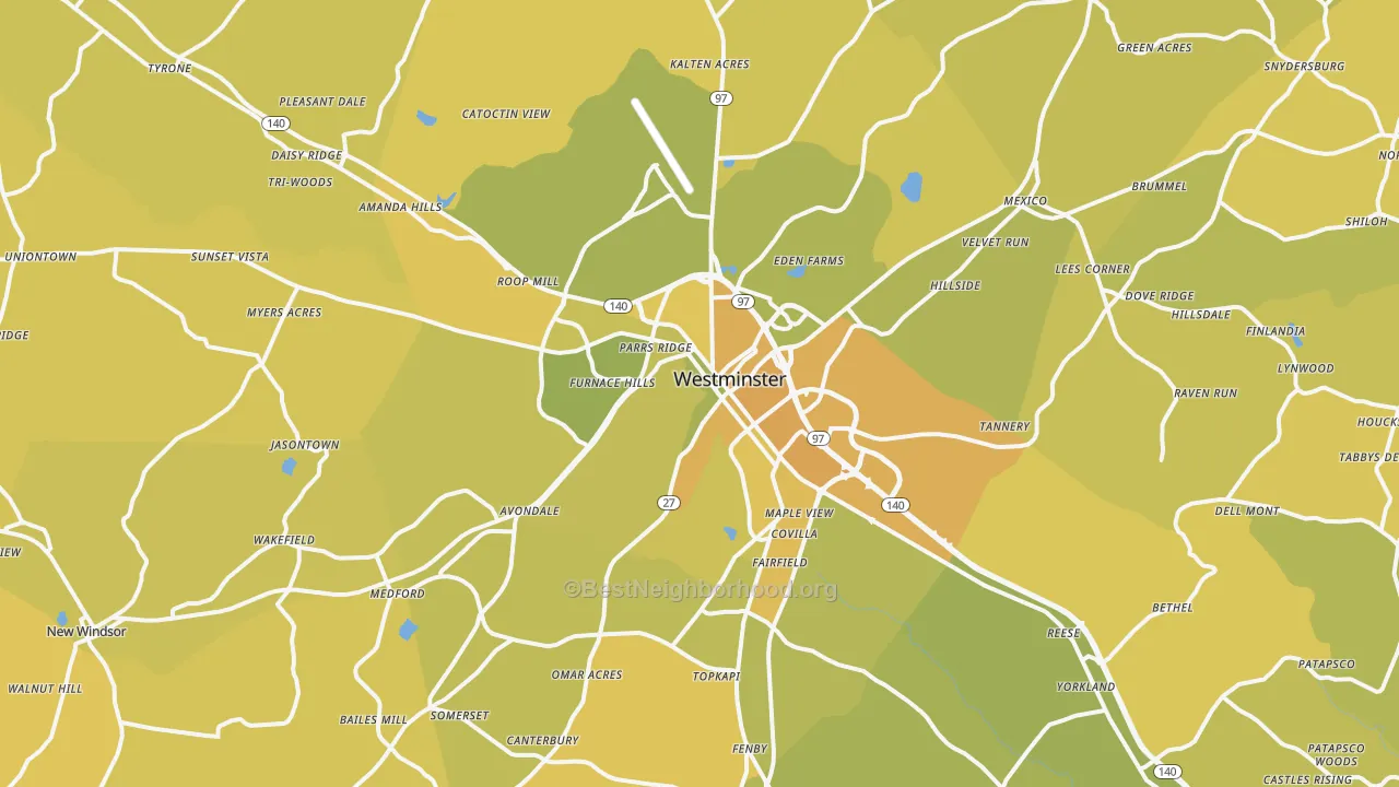 Map of the best neighborhoods in the Westminster area, with better matches in green and worse matches in red