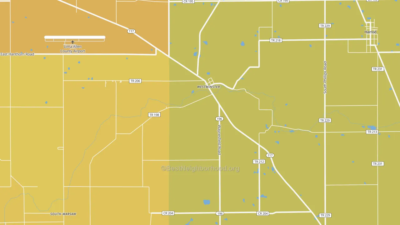 Map of the best neighborhoods in the Westminster area, with better matches in green and worse matches in red