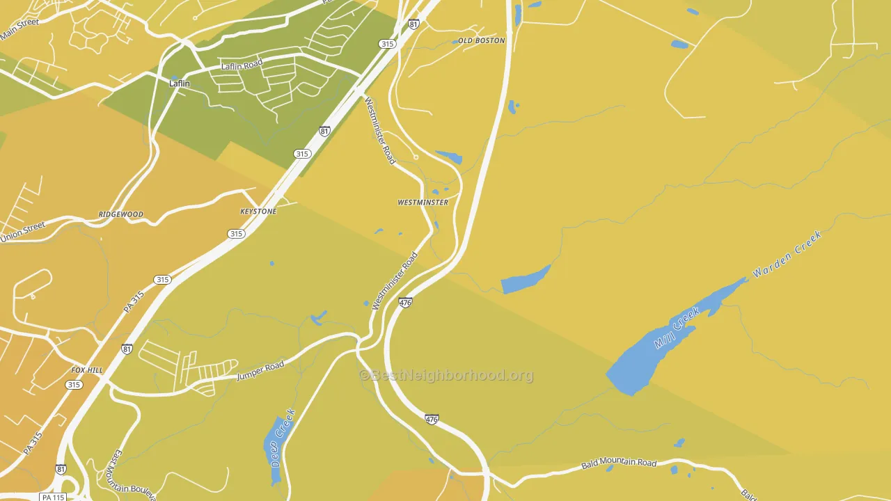 Map of the best neighborhoods in the Westminster area, with better matches in green and worse matches in red