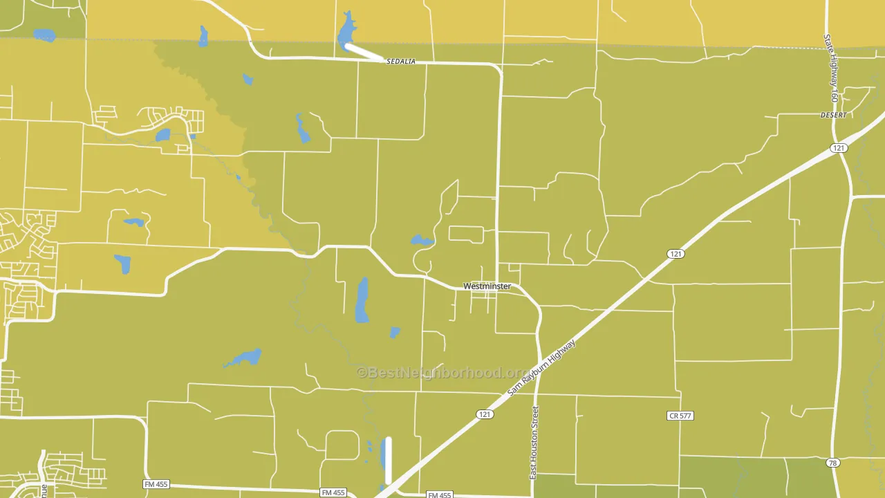 Map of the best neighborhoods in the Westminster area, with better matches in green and worse matches in red