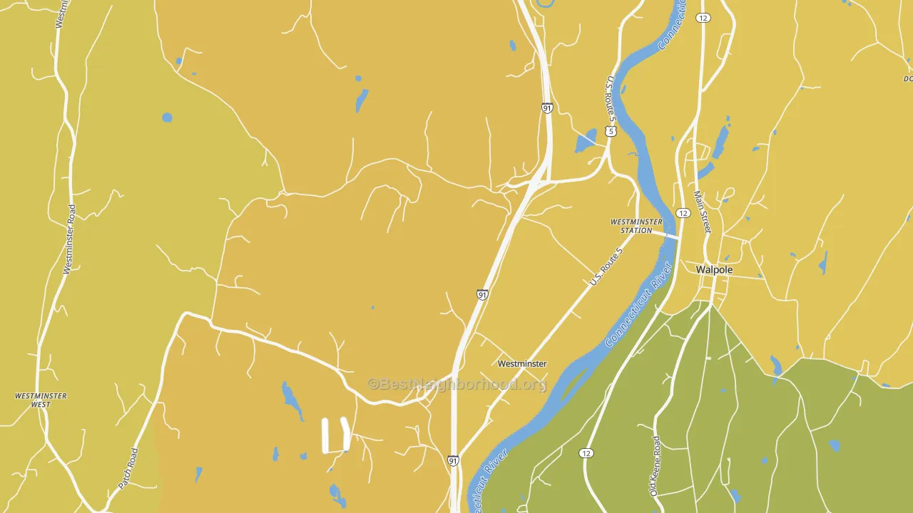 Map of the best neighborhoods in the Westminster area, with better matches in green and worse matches in red