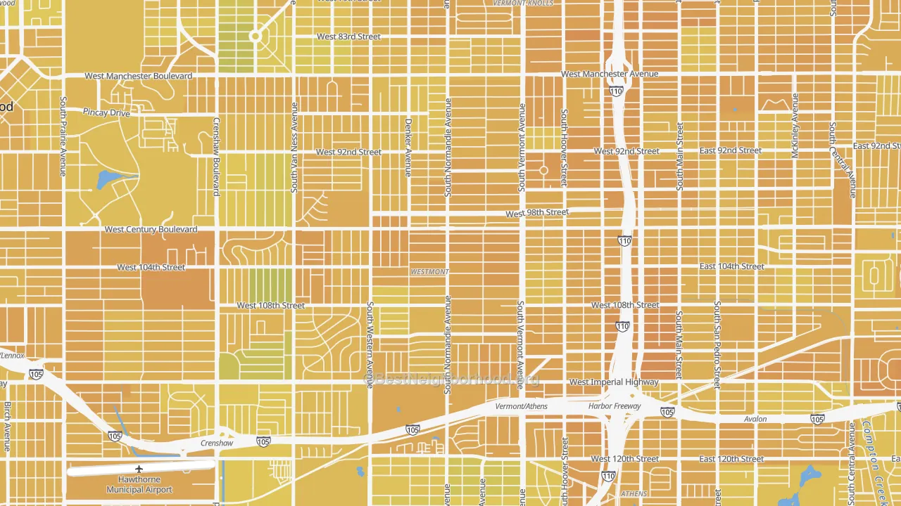 Map of the best neighborhoods in the Westmont area, with better matches in green and worse matches in red