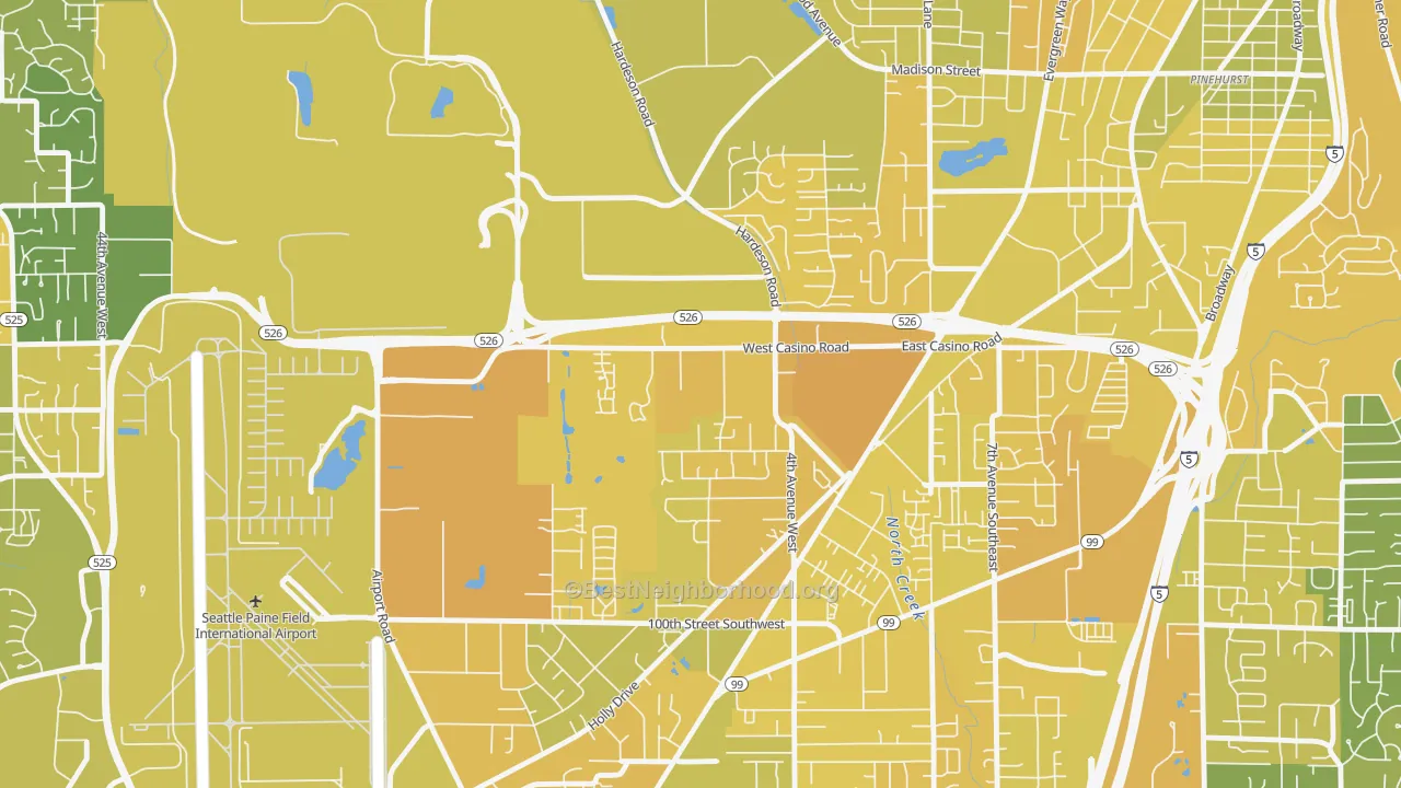 Map of the best neighborhoods in the Westmont, Everett area, with better matches in green and worse matches in red