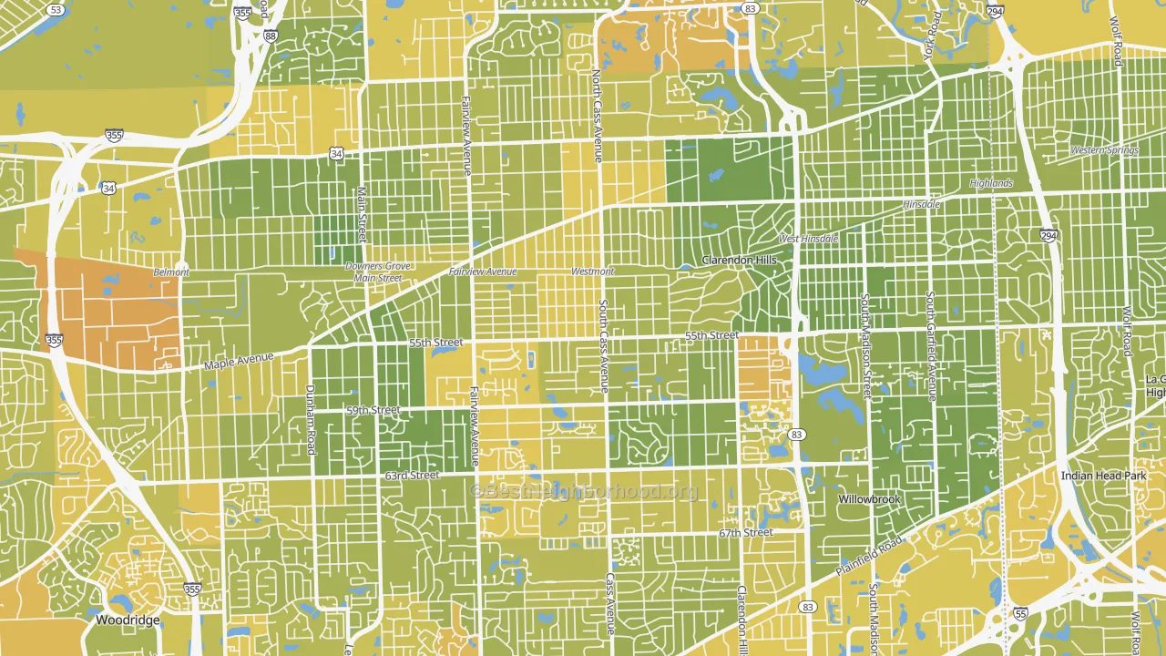 Map of the best neighborhoods in the Westmont area, with better matches in green and worse matches in red