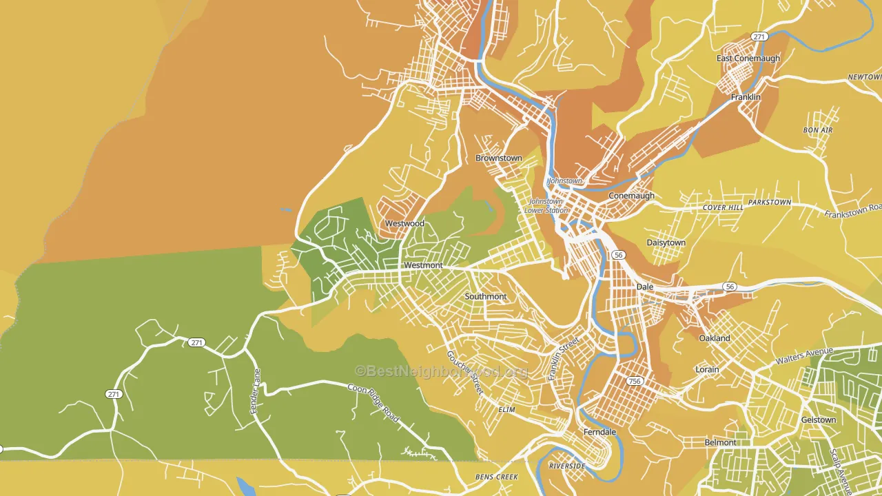 Map of the best neighborhoods in the Westmont area, with better matches in green and worse matches in red