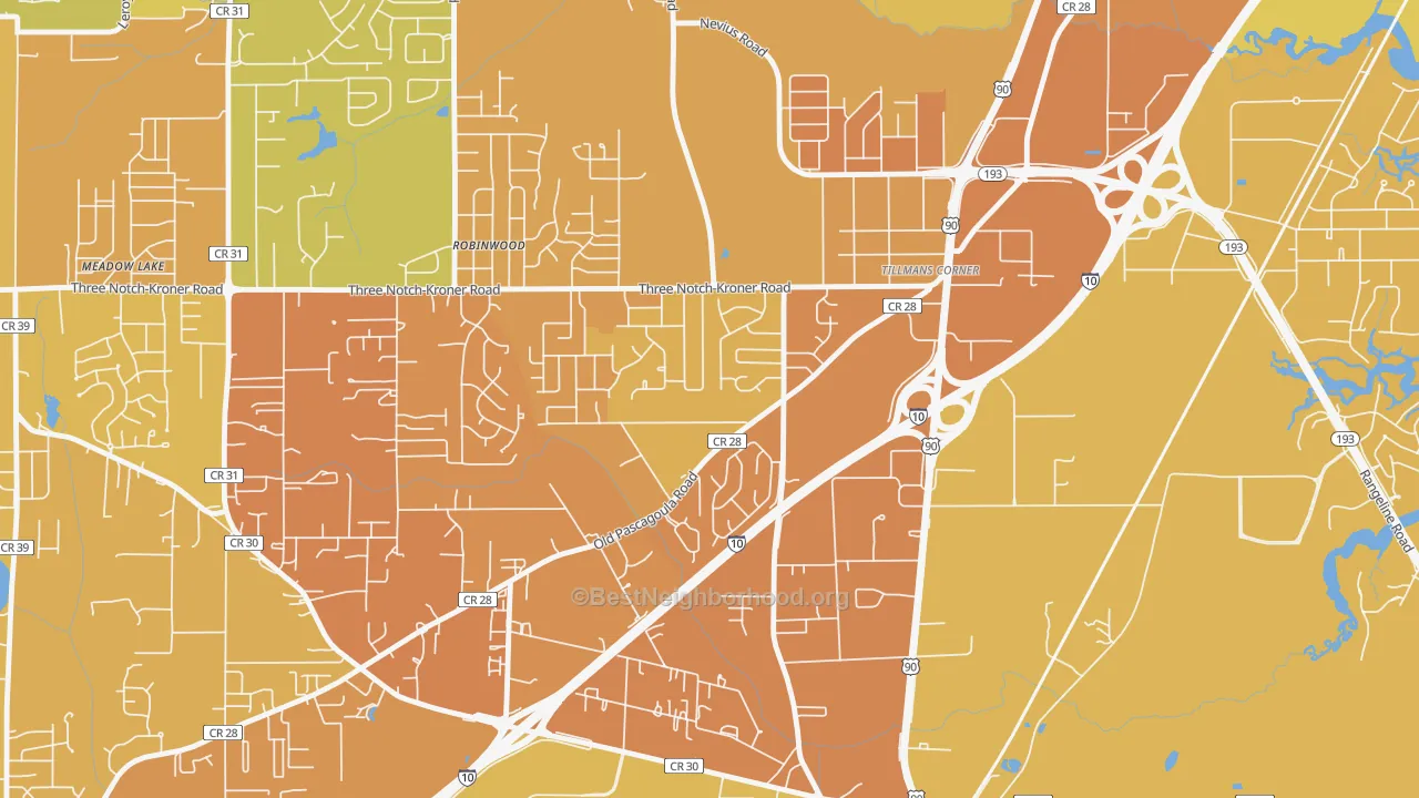 Map of the best neighborhoods in the Westmont, Tillmans Corner area, with better matches in green and worse matches in red