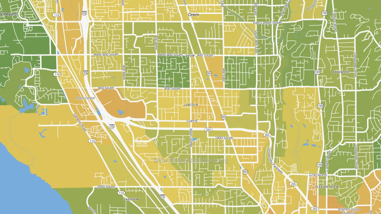 Map of the best neighborhoods in the Westmore, Orem area, with better matches in green and worse matches in red