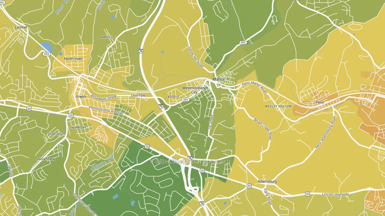 Map of the best neighborhoods in the Westmoreland City area, with better matches in green and worse matches in red