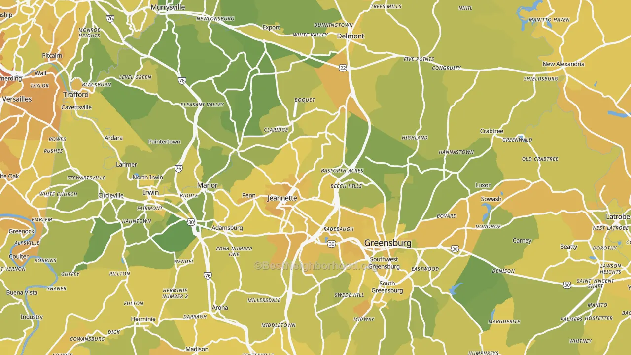 Map of the best neighborhoods in the Westmoreland County area, with better matches in green and worse matches in red