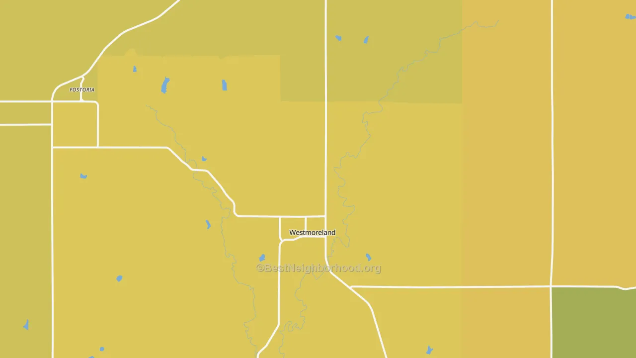 Map of the best neighborhoods in the Westmoreland area, with better matches in green and worse matches in red