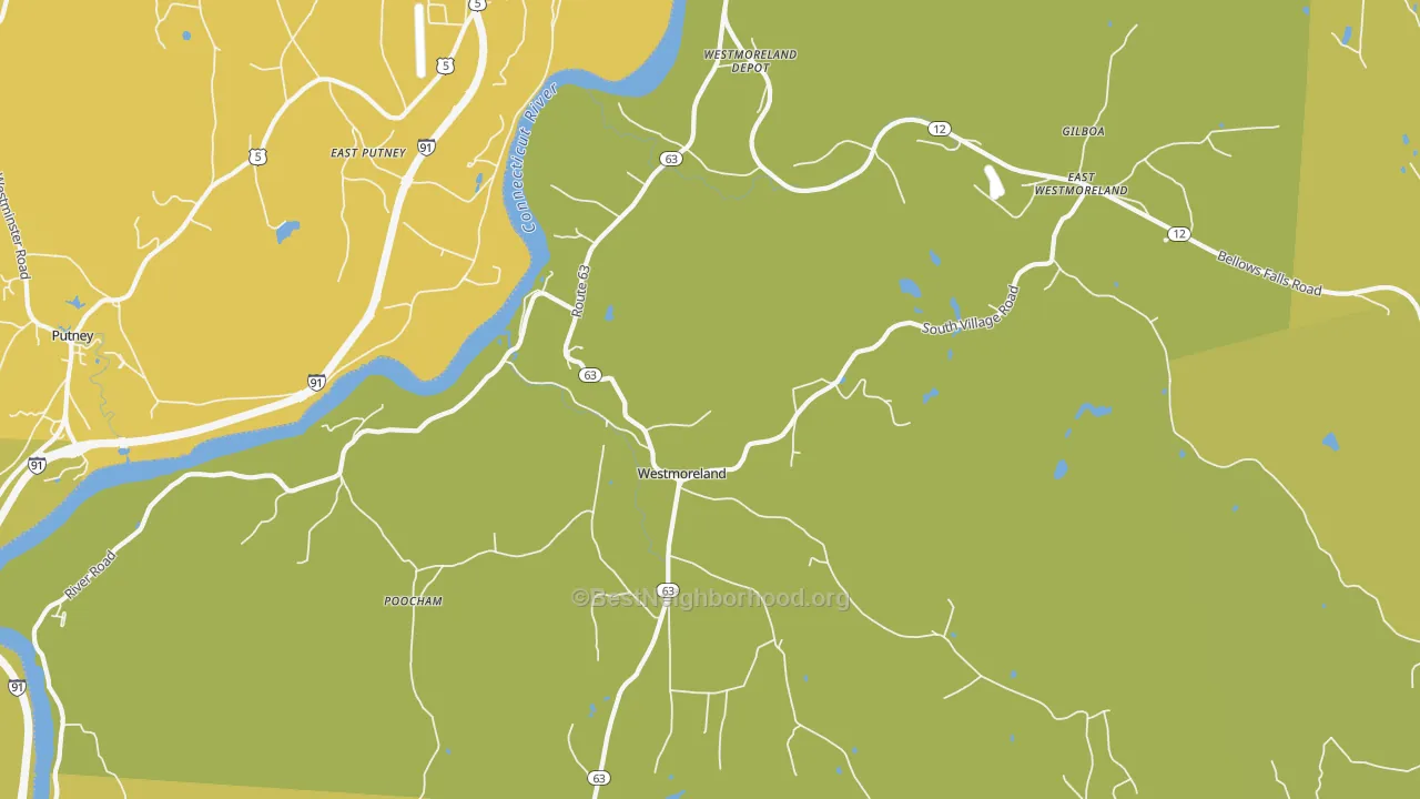 Map of the best neighborhoods in the Westmoreland area, with better matches in green and worse matches in red