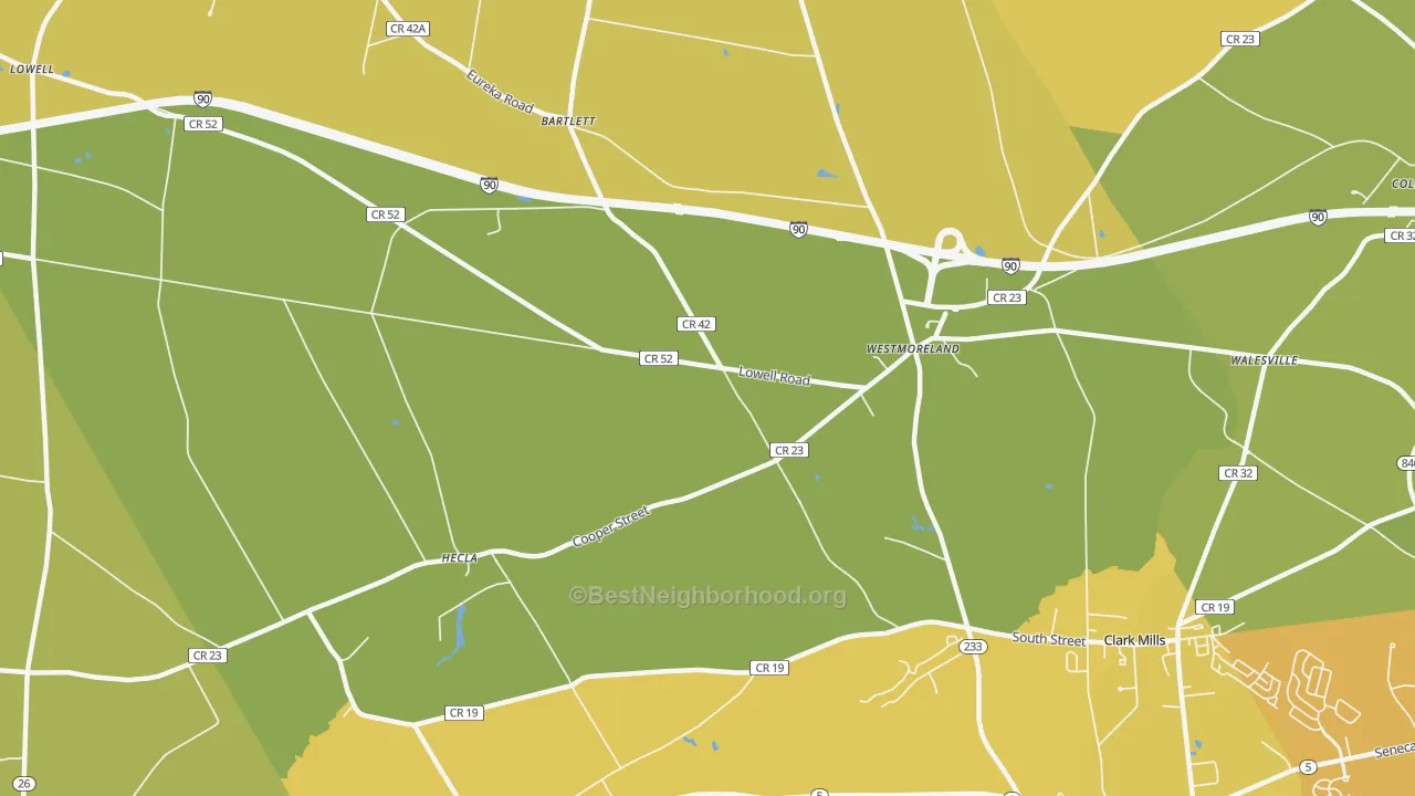 Map of the best neighborhoods in the Westmoreland area, with better matches in green and worse matches in red