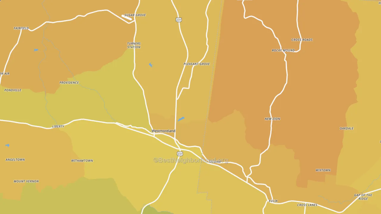 Map of the best neighborhoods in the Westmoreland area, with better matches in green and worse matches in red