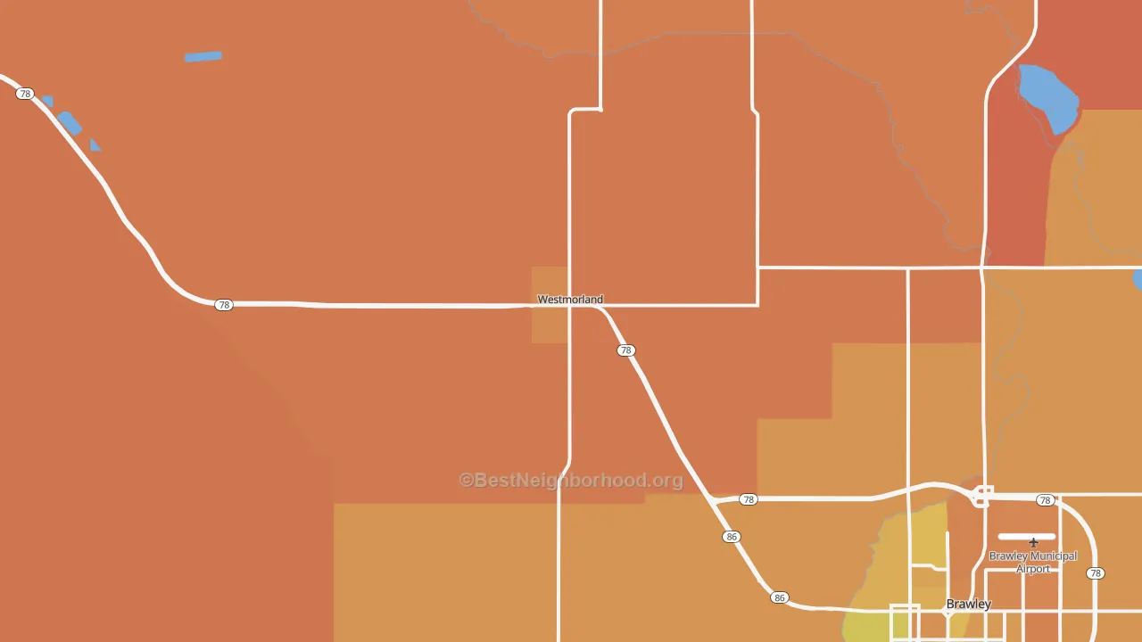 Map of the best neighborhoods in the Westmorland area, with better matches in green and worse matches in red