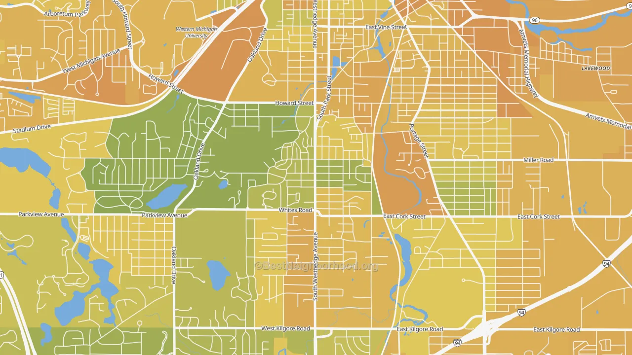 Map of the best neighborhoods in the Westnedge Hill, Kalamazoo area, with better matches in green and worse matches in red