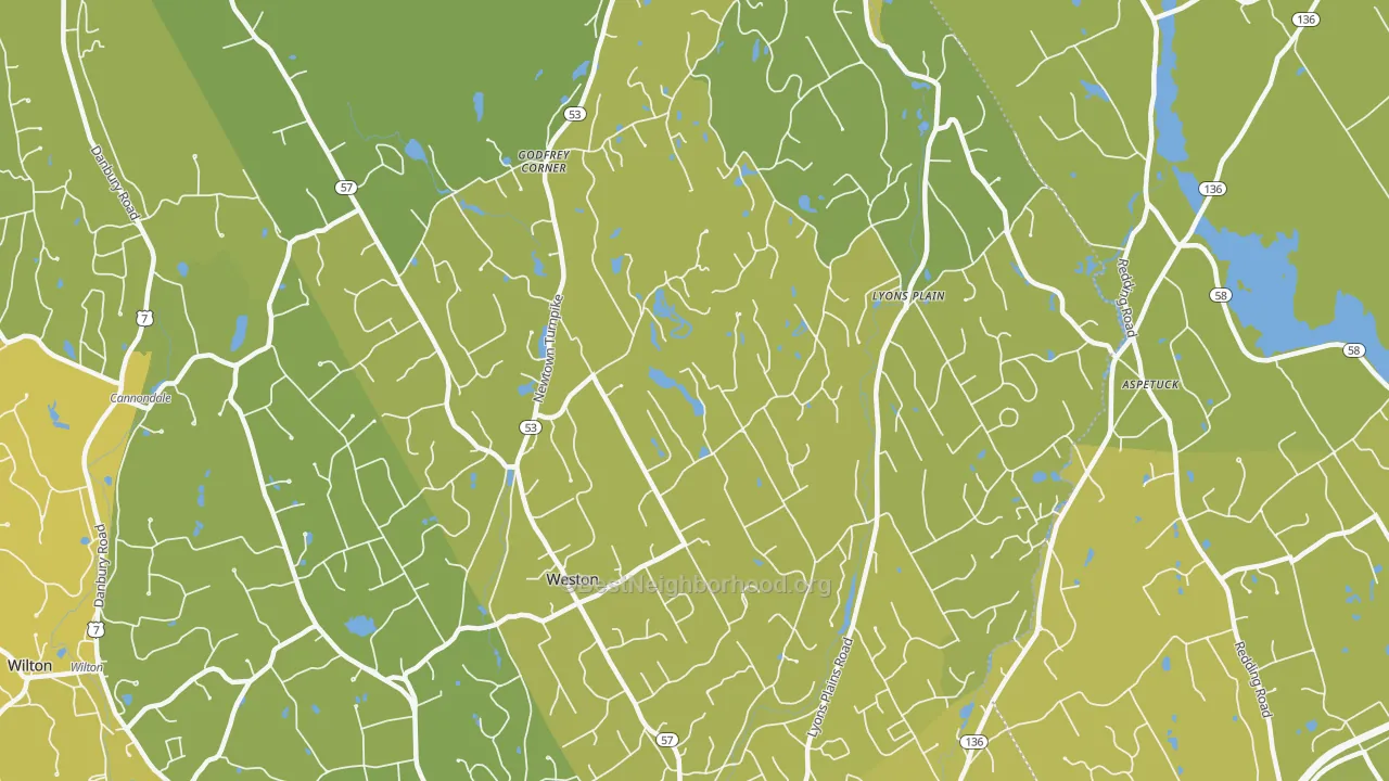 Map of the best neighborhoods in the Weston area, with better matches in green and worse matches in red