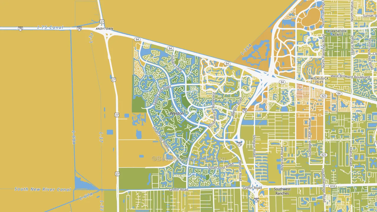 Map of the best neighborhoods in the Weston area, with better matches in green and worse matches in red