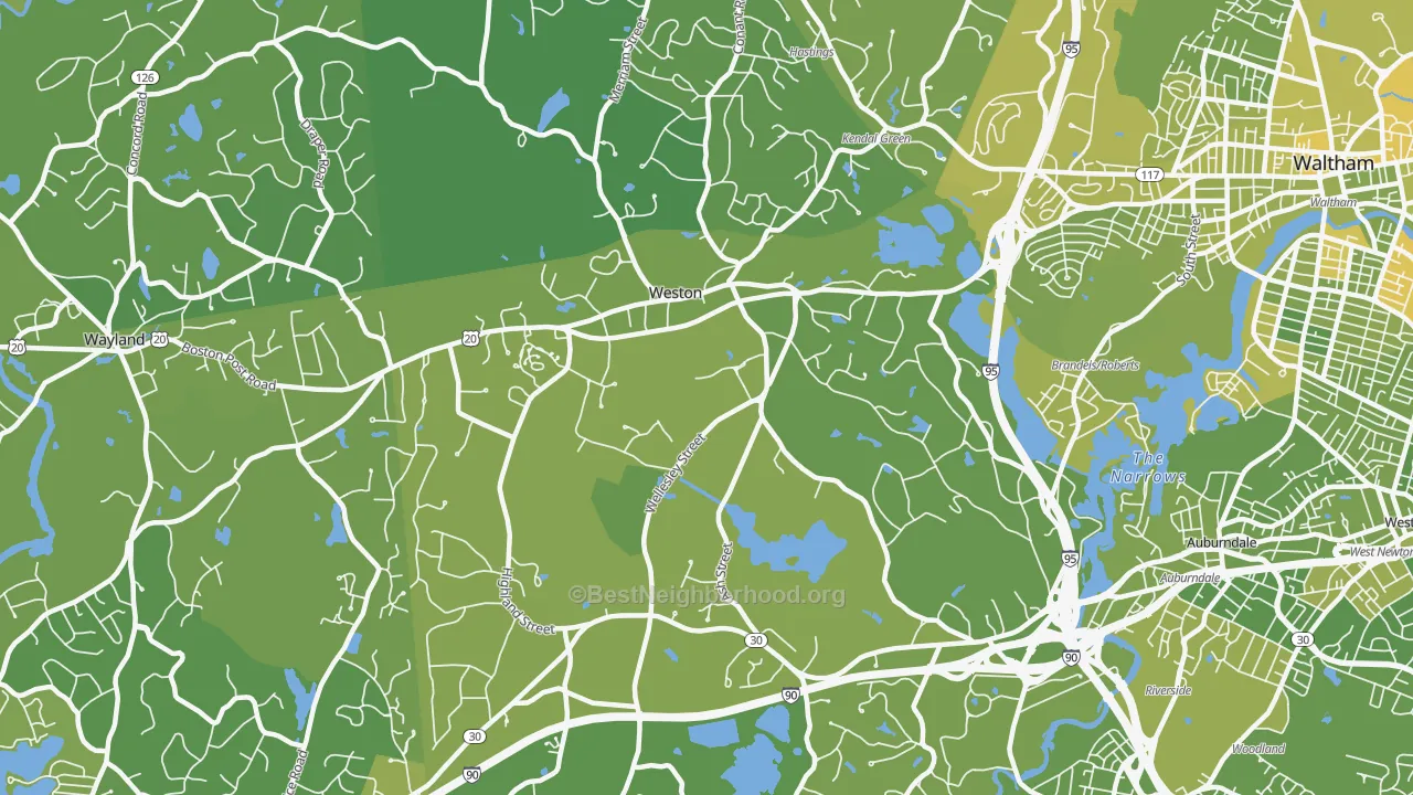 Map of the best neighborhoods in the Weston area, with better matches in green and worse matches in red