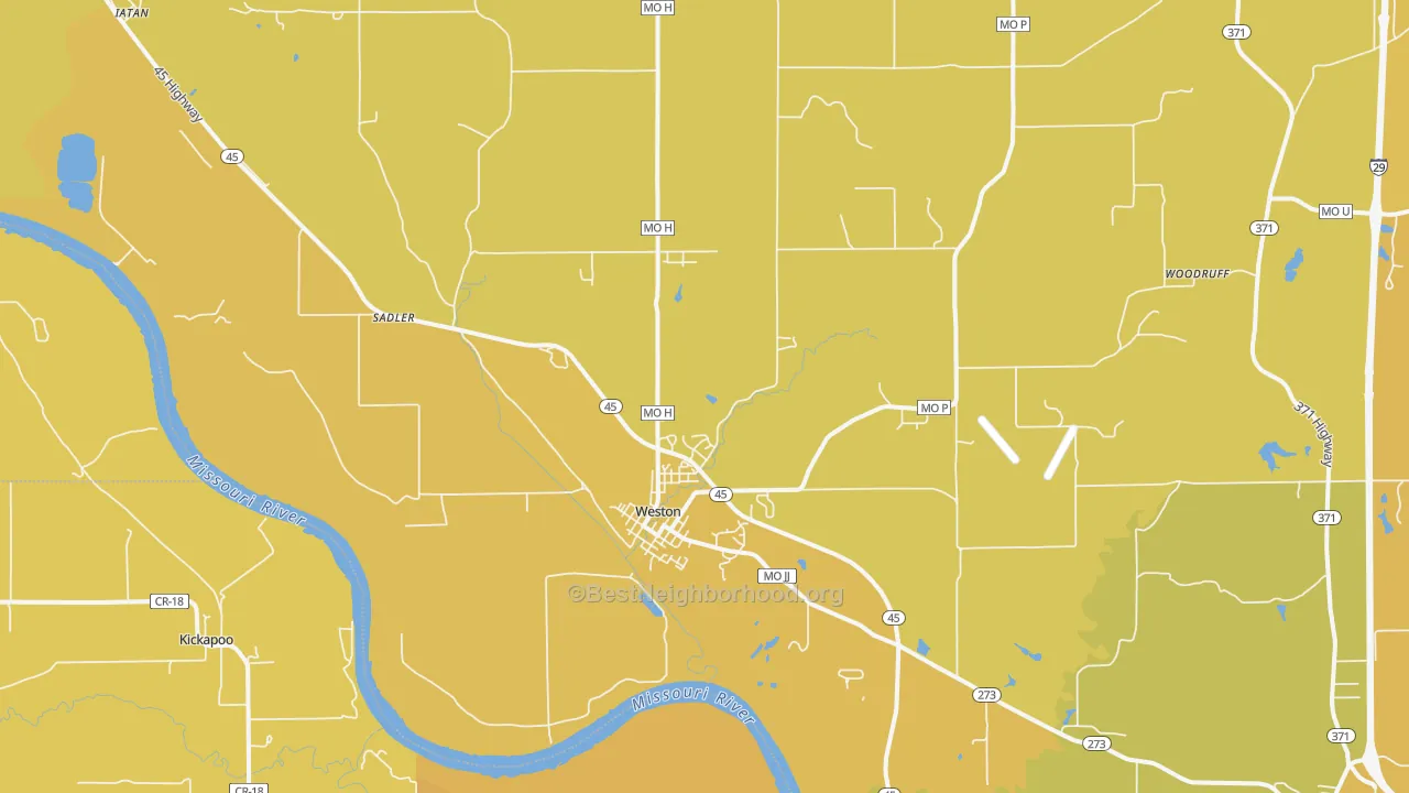 Map of the best neighborhoods in the Weston area, with better matches in green and worse matches in red