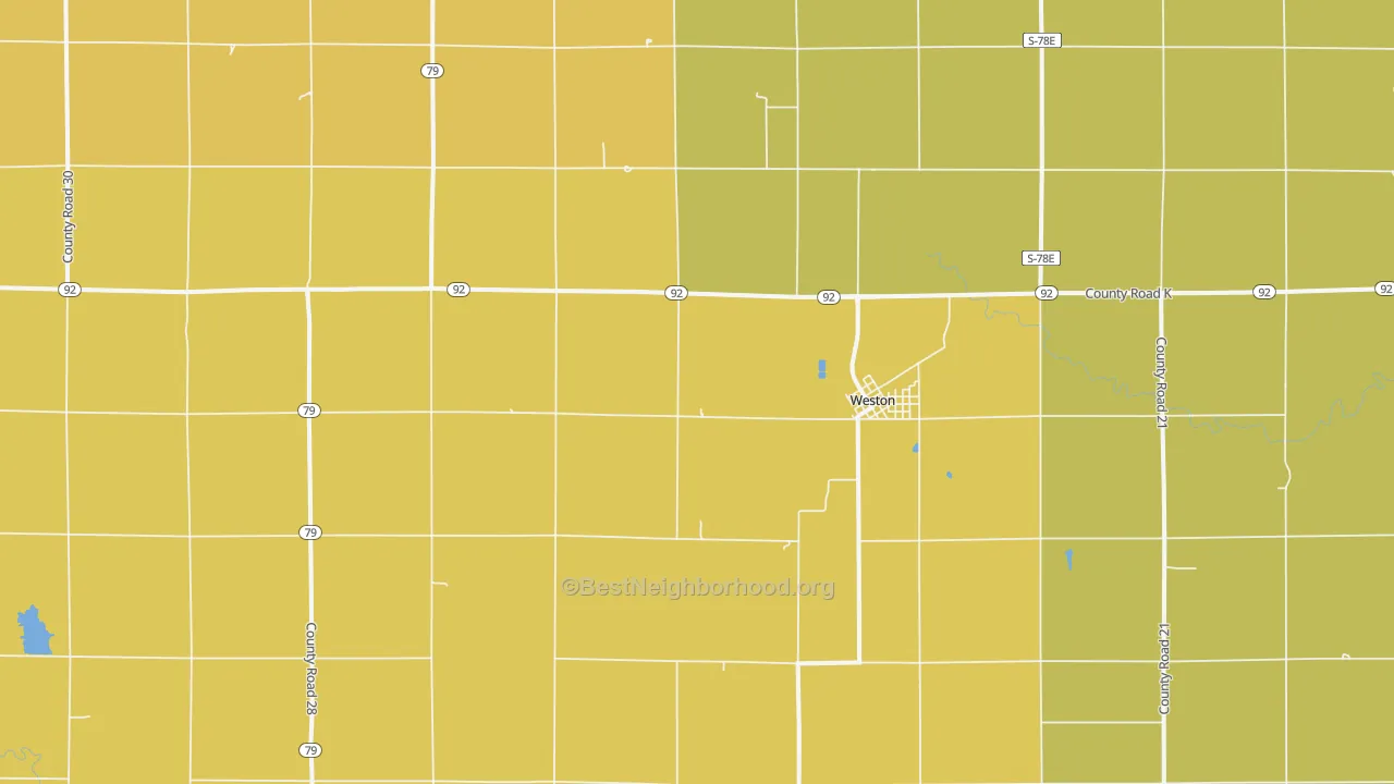 Map of the best neighborhoods in the Weston area, with better matches in green and worse matches in red