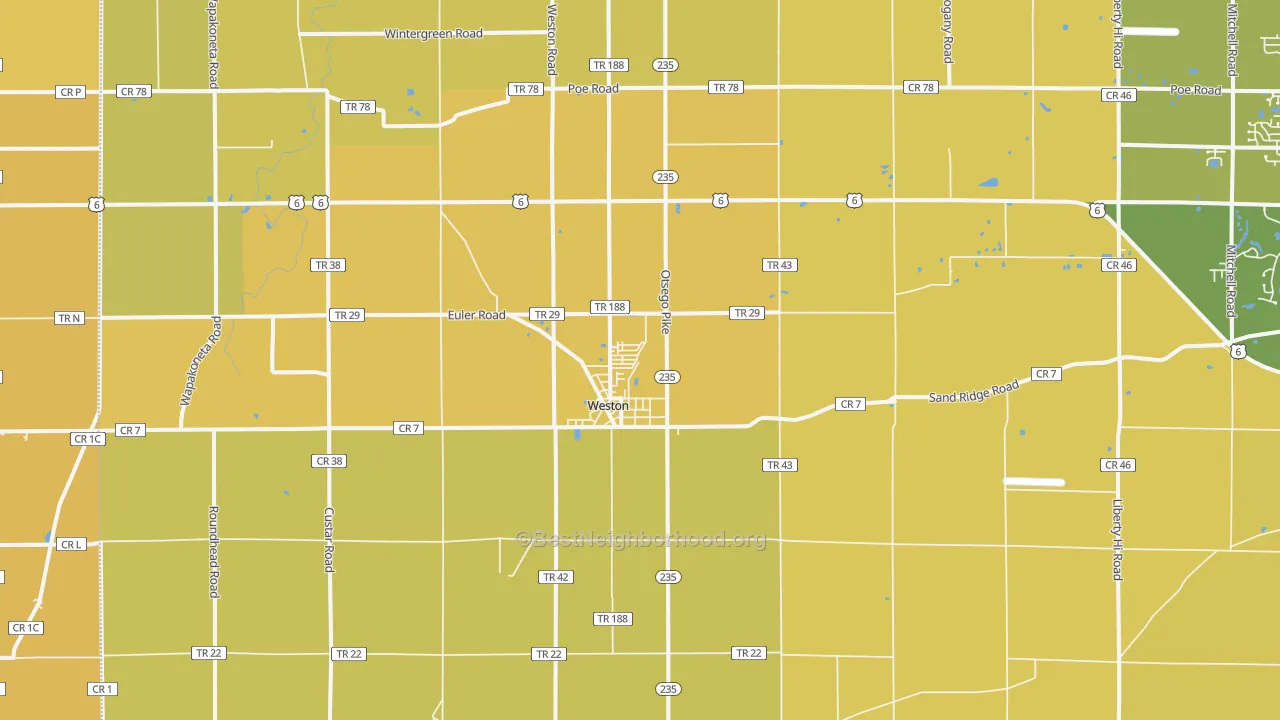 Map of the best neighborhoods in the Weston area, with better matches in green and worse matches in red