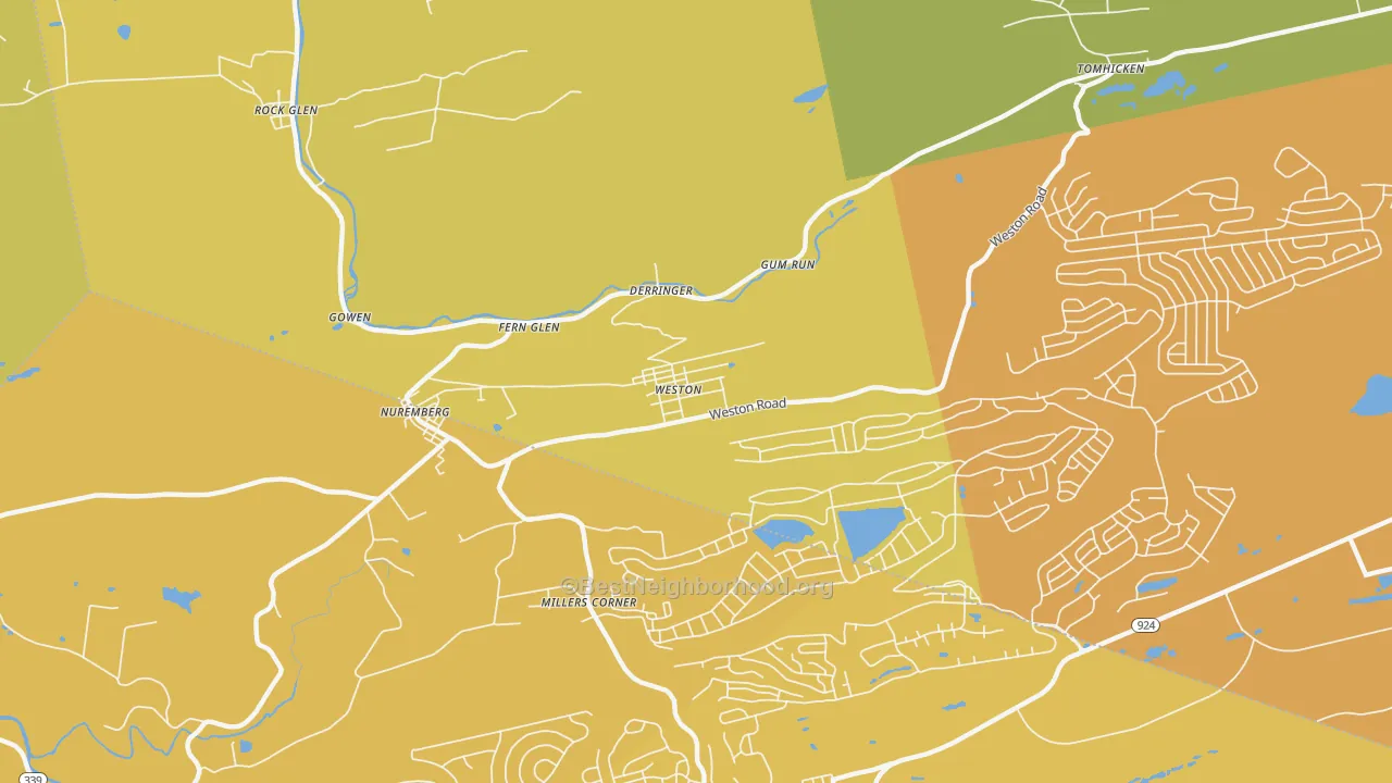 Map of the best neighborhoods in the Weston area, with better matches in green and worse matches in red
