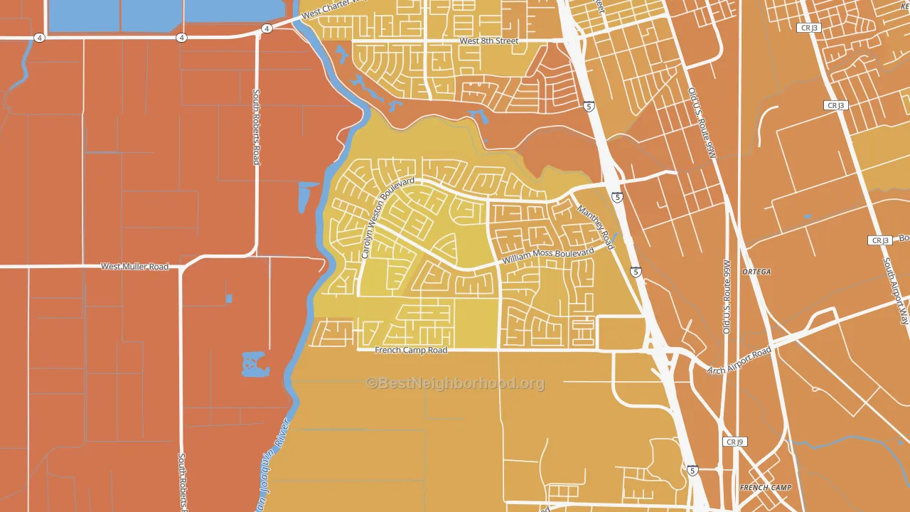 Map of the best neighborhoods in the Weston Ranch, Stockton area, with better matches in green and worse matches in red